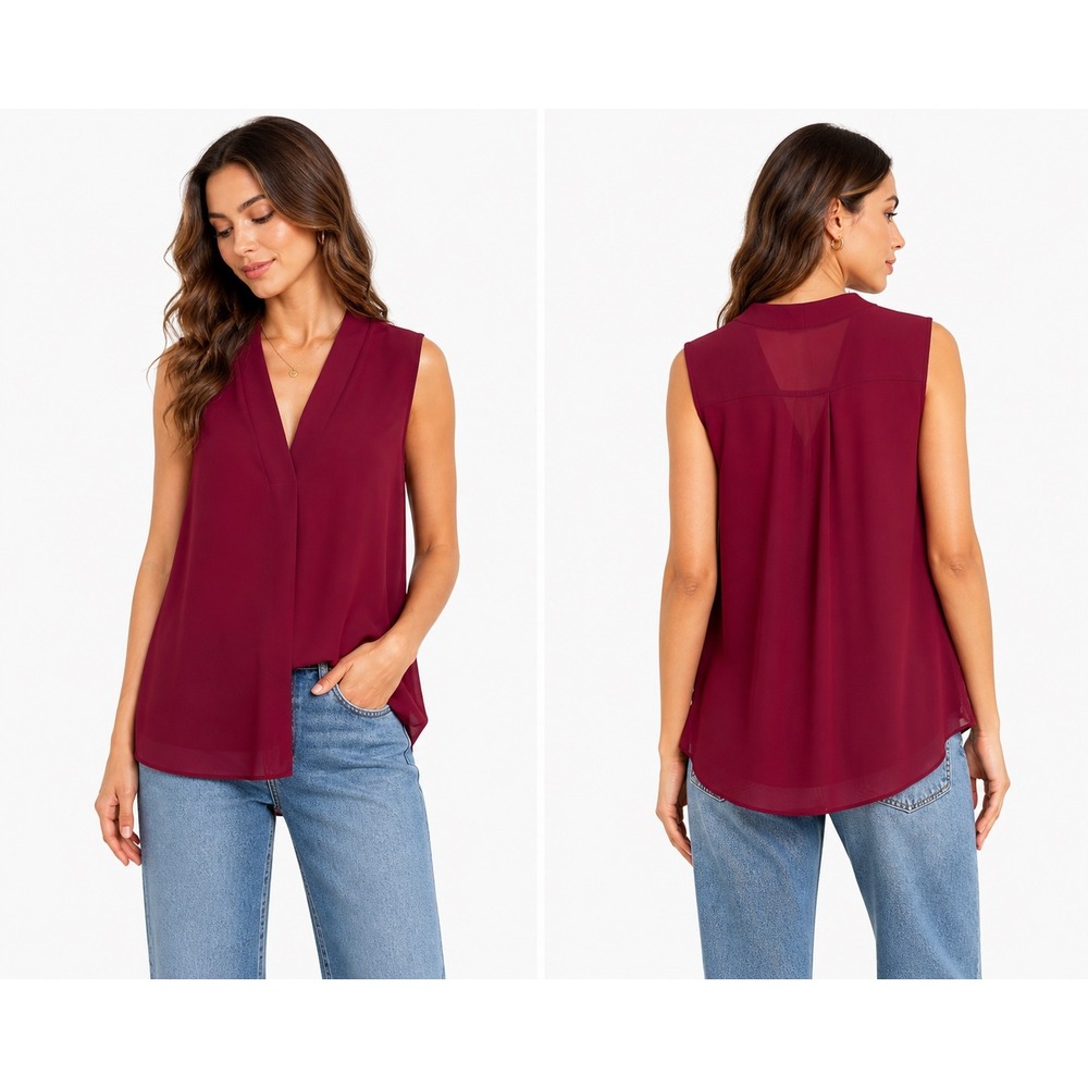 Vince Camuto Sleeveless Blouse Womens Medium Burgundy V-Neck Pleated Shell Top